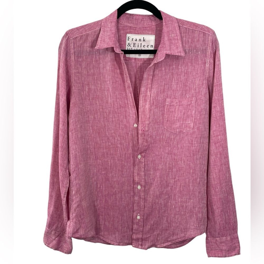 FRANK & EILEEN Barry Button Up Pink Red Linen Light Wash Collar Chambray MEDIUM